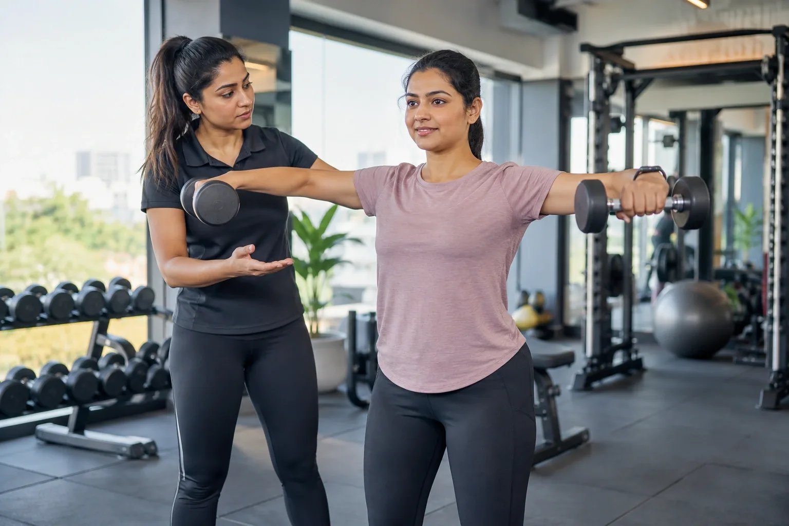 An Indian female personal trainer guiding an adult gym member through a simple standing dumbbell exercise in an airy contemporary fitness studio, natural motion and realistic posture.